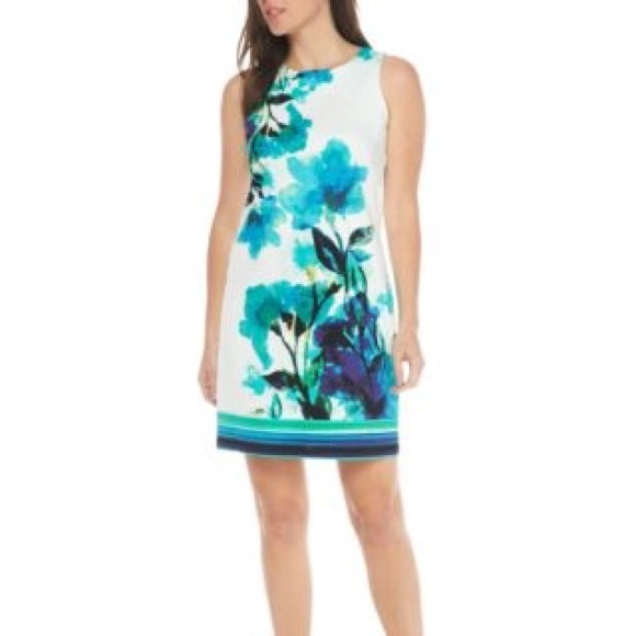 London Times Dresses & Skirts - London Times Printed Cotton Shift Dress Aqua Multi